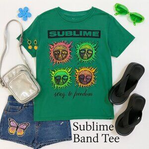 Sublime 40oz to Freedom Sun Faces Graphic Tee Green M NWOT Band Shirt